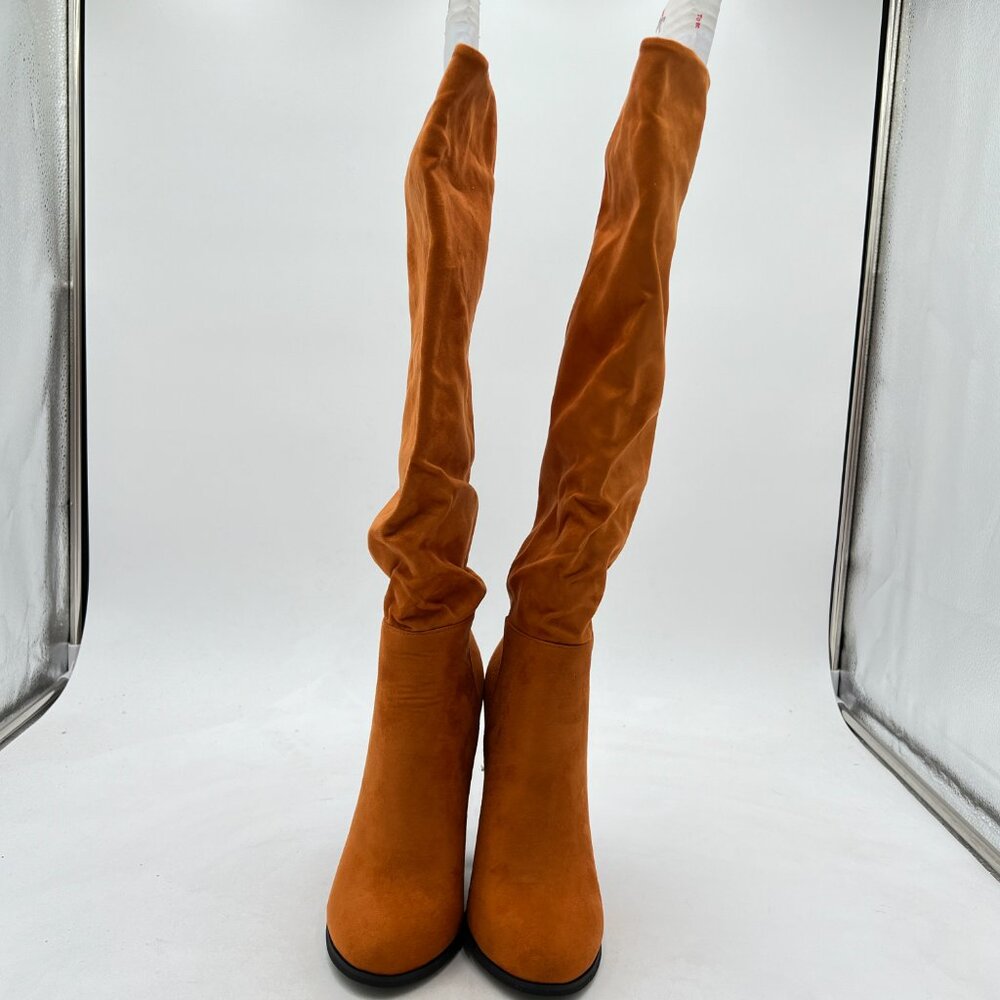 Brown Women Comfy Stacked Slouch Knee High Boots Pull On Closed Toe Dress Shoes